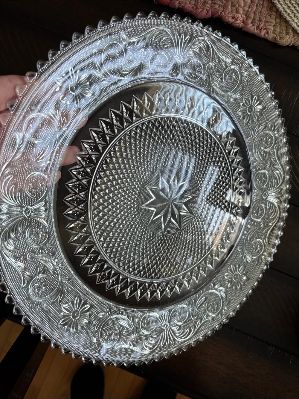 Vintage Pressed Glass Plate with Starburst and Ornate Floral Border